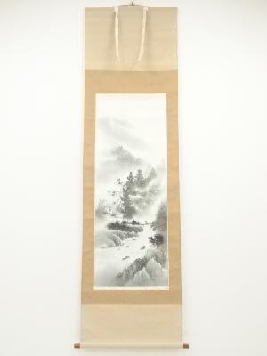 寿石筆　水墨山水　肉筆絹本掛軸（共箱）